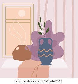 Still life abstract contemorary minimalism. Vase flora intreior window abstract elements shapes. Modern poster, banner, cover, social media content. Vector isolated