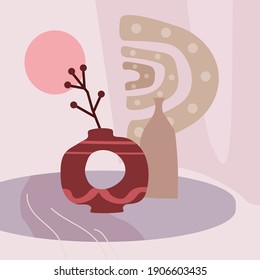 Still life abstract contemorary minimalism. Vase flora intreior abstract elements shapes. Modern poster, banner, cover, social media content. Vector isolated