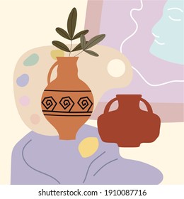 Still life abstract contemorary minimalism. Vase flora intreior abstract elements shapes. Modern poster, banner, cover, social media content. Vector isolated