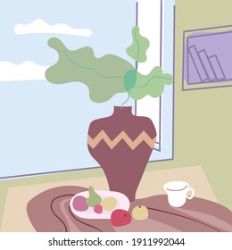 Still life abstract contemorary minimalism. Vase flora intreior abstract elements shapes. Modern poster, banner, cover, social media content. Vector isolated