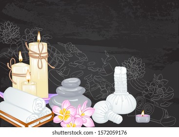 Still life with accessories for spa salon on a chalk board with a sketch. Towels, herbal pouches, candles. Hand drawn vector illustration. Poster template design for spa salon