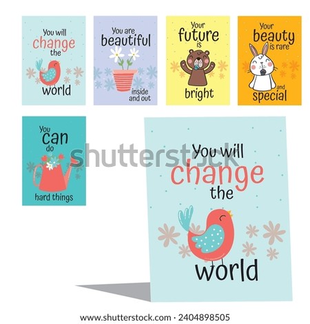 Still life of affirmation cards and tulips on a white background