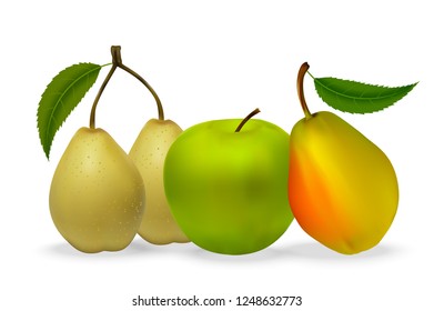 Still life of apples and pears with leaves with realistic shadows on a white background. Vector illustration.