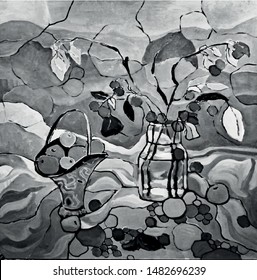 Still life with apples, stripes, dots, monochrome