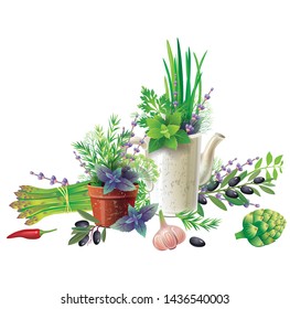 Still life with aromatic herbs in pots and vegetables. Rustic design