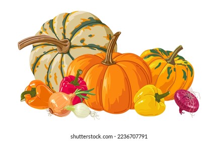 Still life autumn vegetables  pumpkin pepper   onion  Vector illustration