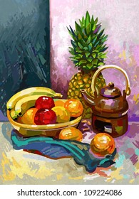  Still life with a banana, plum, pineapple and tea pot.