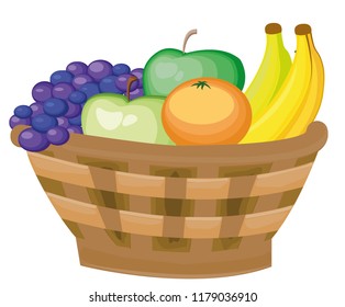 Still life. basket with fruits - bananas, grapes, apples. Gifts of Autumn. Harvest. Vector illustration