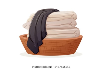 Still life of a bathroom. Decorative composition of home interior, basket with a stack of towels. Vector isolated cartoon illustration.