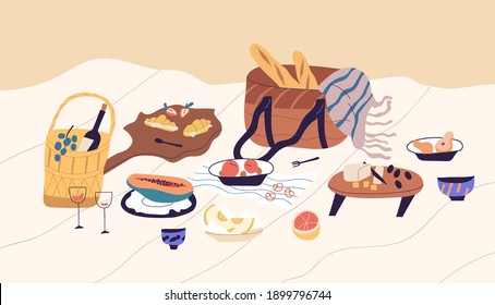 Still life of beach picnic. Blanket with served food and alcohol for romantic date. Basket with cheese, croissants, fruits, berries, bottle of wine and baguette. Colorful flat vector illustration