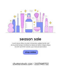 Still life with beauty products icons. Makeup and online shopping. Vector illustration with cosmetics. Banner template, social media publication, web design. Add your text and clickable buttons below