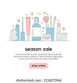 Still life with beauty products. Makeup and online shopping. Vector illustration with cosmetics. Banner template, social media publication, web design. Add your text and clickable button below