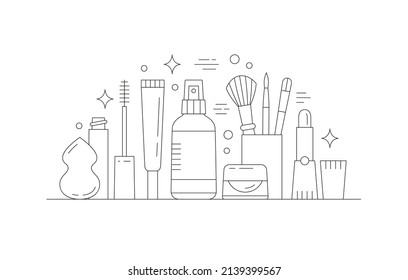 Todavía la vida con productos de belleza. Maquillaje y concepto de compras en línea. La ilustración vectorial se puede usar en artículos, banners, volantes, diseños de medios sociales relacionados con cosméticos. rutina diaria de belleza.