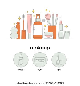 Still life with beauty products. Makeup and online shopping. Vector illustration with cosmetics. Banner template, social media publication, web design. Add your text and clickable buttons below