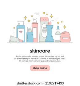 Still life with beauty products. Skin care and online shopping. Vector illustration with cosmetics. Banner template, social media publication, web design. Add your text and clickable buttons below