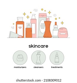 Still life with beauty products. Skin care and online shopping. Vector illustration with cosmetics. Banner template, social media publication, web design. Add your text and clickable buttons below