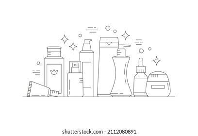 Still life with beauty products. Skin care and online shopping concept. Vector illustration can be used in articles, banners, flyers, social media designs related to cosmetics. Daily beauty routine.