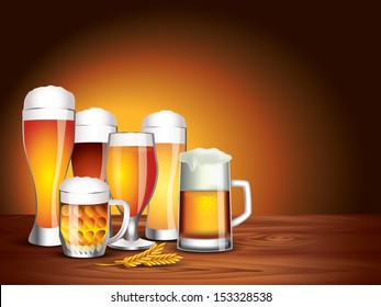 Still life with beer glasses on wooden table, dark background