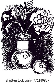 Still life black and white flower in vase with apple
