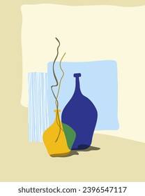 Still life. Blue and orange bottles and dry branches on light pastel background. Naive poster graphic design. Geometric shapes. Minimalistic abstract vector illustration. Cartoon flat style.