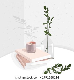 Todavía la vida con libros, velas, un jarrón con una planta. Ilustración vectorial romántica. Estética, minimalismo.