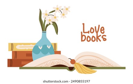 Still life with books and a vase with a flower. Flat vector illustration isolated on white background.