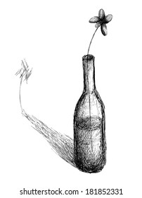 Still life with a bottle and a flower - drawing ink, graphics - vector illustration