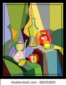 Still life with a bottle and jug, apple and lemon in the style of a stained glass window