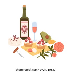 Still life with bottle of wine and picnic food such as cheese, snacks, avocado, cakes. Composition with meals and rose flower isolated on white background. Colored flat vector illustration