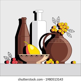 Still life with bottles, pears and berries. Color vector illustration isolated on white background.