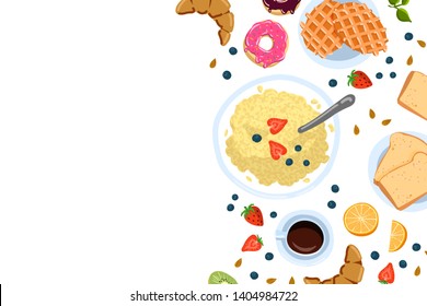 Still life with breakfast in a flat doodle style, top view. And with place for text vector illustration