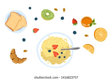 Still life with breakfast in a flat doodle style, top view. vector illustration