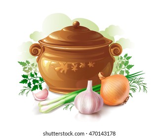 Still life with brown ceramic pot, onion, green onions, garlic and herbs on a white background. Vector illustration.