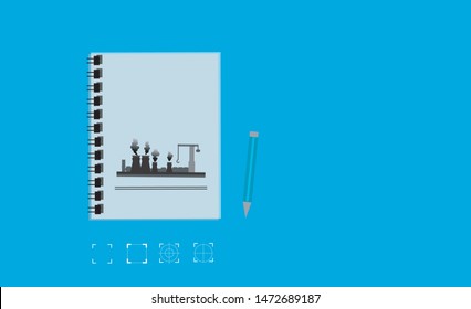 Still life, business, office supplies or education concept , notebook with blank pages , ready for adding or mock up.Note book for recording activities, recording success.The story of the industry