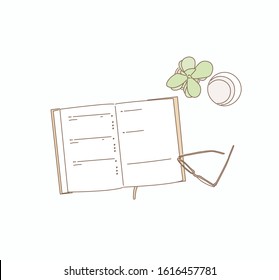 Stillleben, Unternehmen, Planung und Ausbildung: Bürotisch mit offenem Notebook, Zubehör und Kaffeetasse, Draufsicht . Handgezeichnete Vektorillustration-Designillustrationen.