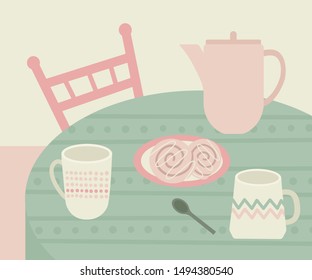 Still life with ceramic cups, kettle and cinnamon roll on the plate. Hygge lifestyle vector illustration. Fika time.