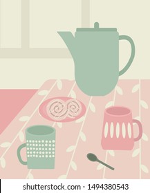 Still life with ceramic cups, kettle and cinnamon roll on the plate. Hygge lifestyle vector illustration. Fika time.