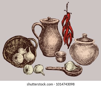 Still life of the ceramic ware and vegetables