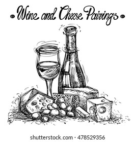 Still life with cheese, grapes and wine. Sketchy style. Hand drawn graphic illustration in vector. Ink drawing.