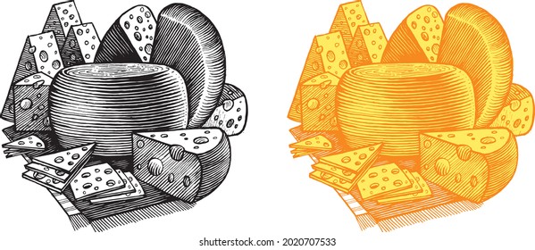 Still life with a cheese head, pieces of cheese and slices, vector illustration. Vintage graphics and handwork. A collection of farm products.