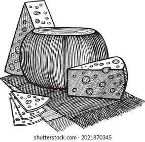 Still life with a cheese head, pieces of cheese and slices, vector illustration. Vintage graphics and handwork. A collection of farm products.