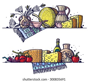 Still life with cheese. Vector.