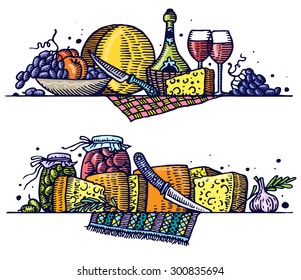 Still life with cheese. Vector.