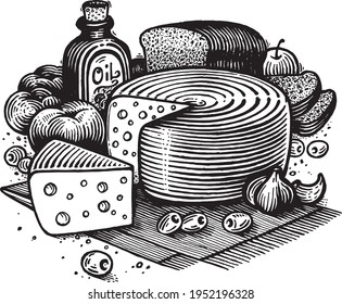 Still life with cheese, vector illustration. Drawing with an ink pen and pencil. Still life with cheese, olive oil, tomatoes, bread, garlic and olives. A collection of farm products.