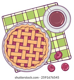 Still life with cherry pie and cup of coffee on checkered napkin top view. Composition with traditional homemade dessert. Simple vector color illustration in hand drawn style isolated on white.