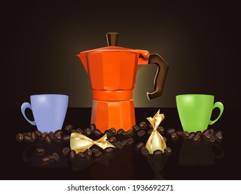 Stillleben einer Kaffeemaschine, Kaffeetassen, Süßigkeiten und Kaffeebohnen
