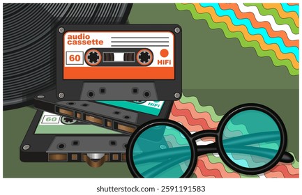 Still life collage with elements of 80s music culture - audio cassettes and vinyl record. Vector illustration