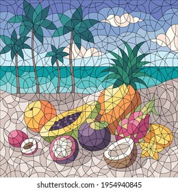 Still life coloring composition with mosaic lines and beach landscape with exotic fruits lying on ground vector illustration