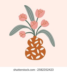 Still life composition with a bouquet of tulips. Vector illustration of blooming flowers in stylish vase. Trendy hand drawn modern style.