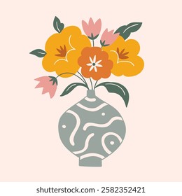 Still life composition with a bouquet. Vector illustration of blooming flowers in stylish vase. Trendy hand drawn modern style.